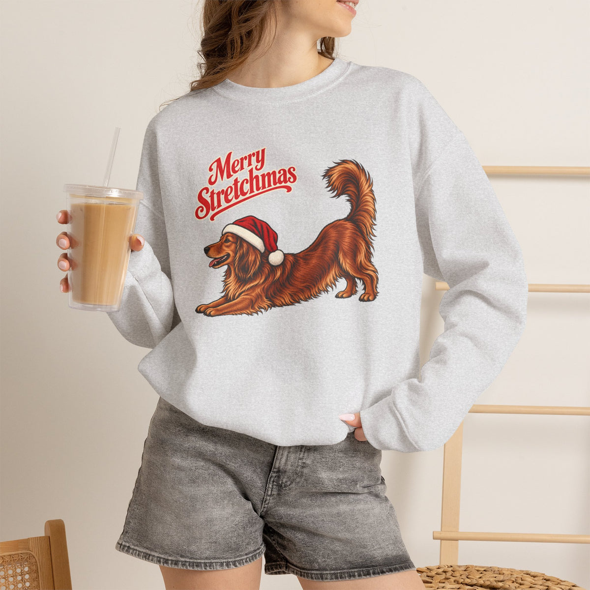 Long-haired Dachshund Christmas Sweatshirt | Merry Stretchmas