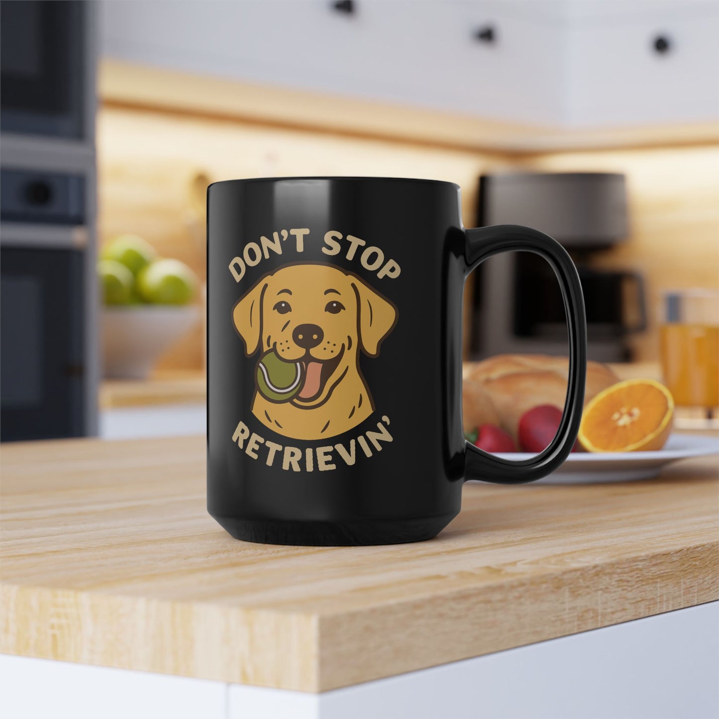 Yellow Lab Don't Stop Retrievin' Coffee Mug (Black)